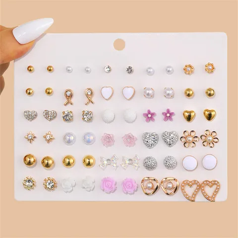 Set di Orecchini a Bottone in Metallo Vintage con Strass Misti Orecchini Geometrici Colorati con Perla Artificiale Fiocco Cuore per Donna Gioielli Regalo