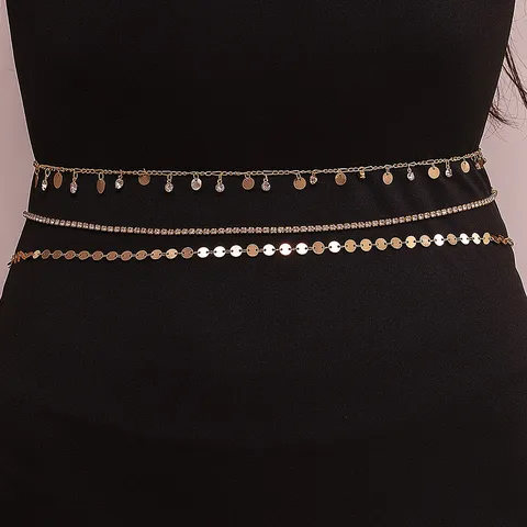 Minimalist Gold Color Metal Multi Layer Waist Chain Set Shiny Rhinestone Round Disc Sequin Pendant Body Chain Belly Link Belt For Women Party Dress Accessory