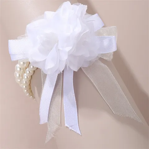 Eleganter Weißer Blumen Handgelenk Corsage Künstliche Perle Armband Für Hochzeit Brautjungfer Party Damen Schmuck