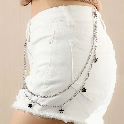 Catena da Vita in Metallo a Doppio Strato Punk Hip Hop Con Pendente a Fiore Nero Unisex Streetwear Jeans Gioielli