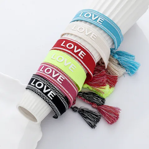 Bohemian Woven Love Bracelet With Tassels Embroidered Fabric Friendship Bracelet For Couples Men Women Jewelry
