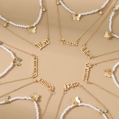 12 Sternzeichen Anhänger Halskette Doppellagig Goldfarben Legierung Schmetterling Künstliche Perle Strass Schmuck Für Damen