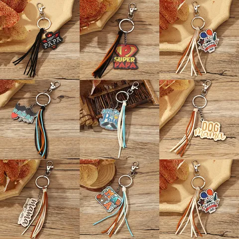 Moderner Lederquaste Holz Schlüsselanhänger Personalisiert Vater Muttertag Geschenk Super Papa Mama Bedrucktes Holzetikett Metall Schlüsselring Zubehör