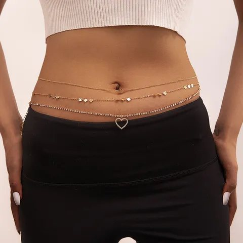 Multi-Layer Gold Alloy Waist Chain Sexy Heart Pendant Rhinestone Sequin Body Chain Belt For Women Fashion Jewelry Accessory