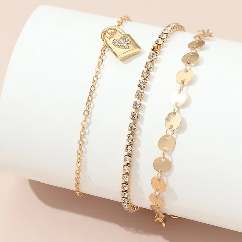 Tobilleras Multicapa de Oro Bohemias Para Mujer Colgante de Corazón Candado Cadena de Strass Lentejuelas Joyería de Pie Ajustable Playa