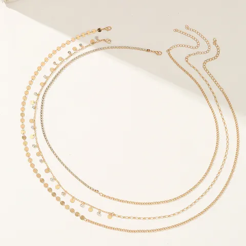 Minimalist Gold Color Metal Multi Layer Waist Chain Set Shiny Rhinestone Round Disc Sequin Pendant Body Chain Belly Link Belt For Women Party Dress Accessory