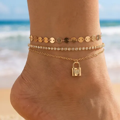 Tobilleras Multicapa de Oro Bohemias Para Mujer Colgante de Corazón Candado Cadena de Strass Lentejuelas Joyería de Pie Ajustable Playa