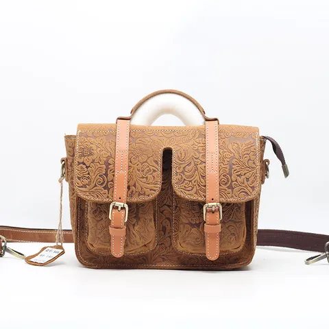 Borsa a Tracolla da Donna in Vera Pelle Retrò Europea Borsa a Messaggero Goffrata Vintage Casual Manico Superiore Crossbody