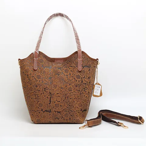 Vintage Genuine Leather Tote Bag For Women Embossed Floral Shoulder Crossbody Handbag Luxury Casual Top Handle Bag