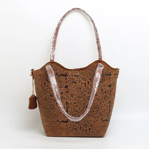 Vintage Genuine Leather Tote Bag For Women Embossed Floral Shoulder Crossbody Handbag Luxury Casual Top Handle Bag