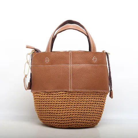 Borsa a Secchiello in Vera Pelle per Donna Borsa a Mano in Pelle di Vacchetta Tessuta Tracolla Vintage
