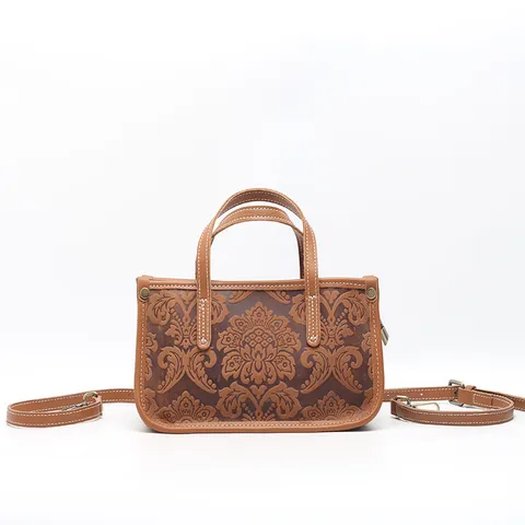 Retro Vera Pelle Bovina Donna Borsa a Tracolla Vintage Impresso Piccola Borsa Quadrata Casual Quotidiano Borsa a Mano