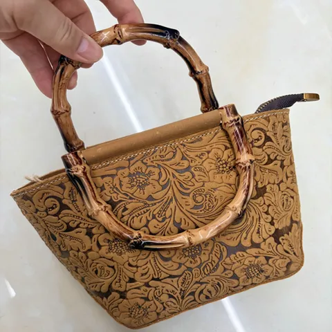 Retro Vera Pelle Impress Borsa a Mano da Donna Vintage Manico in Bambù Borsa a Tracolla Borsa a Spalla Casual