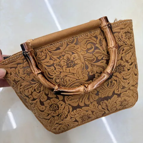 Retro Vera Pelle Impress Borsa a Mano da Donna Vintage Manico in Bambù Borsa a Tracolla Borsa a Spalla Casual