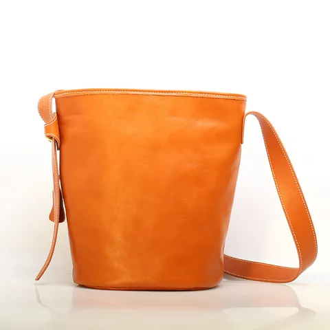 Borsa Secchiello in Vera Pelle per Donna Retro Vintage Pelle di Vacchetta Conciata al Vegetale Borsa a Tracolla Casual