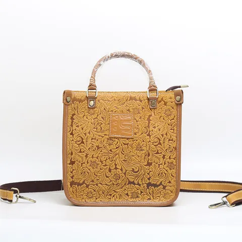 Borsa a Mano da Donna in Vera Pelle Stampata Retro Casual Vintage Borsa a Tracolla Tote Quadrata