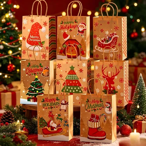 Kerst Kraftpapier Cadeauzakjes Met Handvatten Kerstman Sneeuwpop Elk Patroon Feestdagen Cadeauverpakking Zak