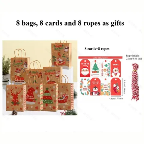 Kerst Kraftpapier Cadeauzakjes Met Handvatten Kerstman Sneeuwpop Elk Patroon Feestdagen Cadeauverpakking Zak