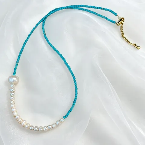 Vintage Pietra Naturale Turchese Perla d'Acqua Dolce Girocollo Collana Geometrico Lusso Perline Catena Donna Gioielli Regalo