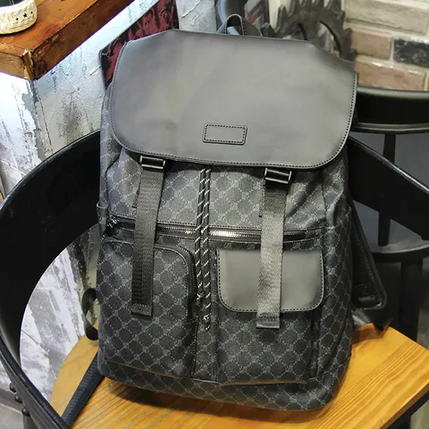 Men Business Casual Backpack PU Leather Plaid Laptop Bag Waterproof Travel School Bookbag Fashion Commuter Backpack