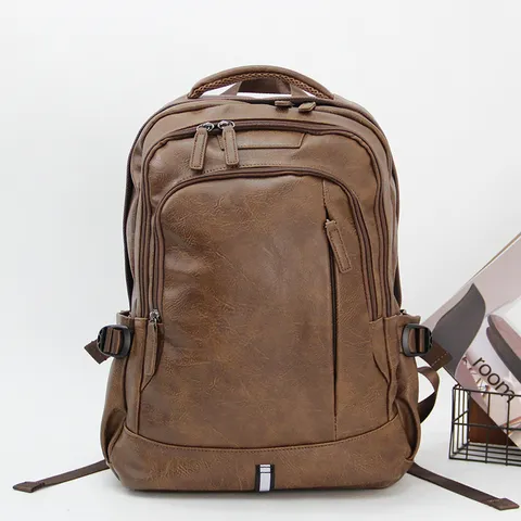 Vintage Mens PU Leather Backpack Casual Travel School Bag Multifunctional Laptop Bag Business Rucksack