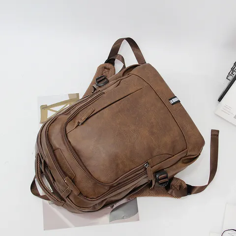 Vintage Mens PU Leather Backpack Casual Travel School Bag Multifunctional Laptop Bag Business Rucksack