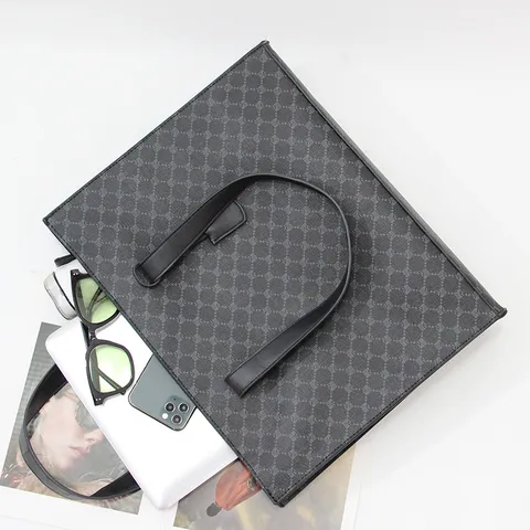 Men's Business Casual PU Leather Handbag Classic Plaid Pattern Shoulder Bag
