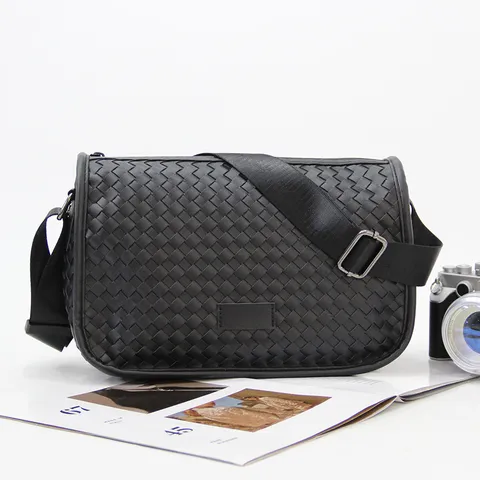 Mens PU Leather Woven Crossbody Bag Casual Daily Lightweight Small Square Shoulder Bag For Commuting Street Trend