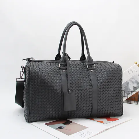 Men Woven PU Leather Travel Bag Large Capacity Business Luggage Handbag Casual Waterproof Shoulder Weekend Duffel Bag
