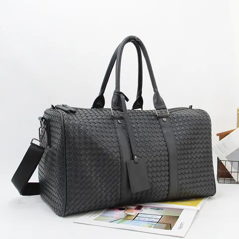 Men Woven PU Leather Travel Bag Large Capacity Business Luggage Handbag Casual Waterproof Shoulder Weekend Duffel Bag