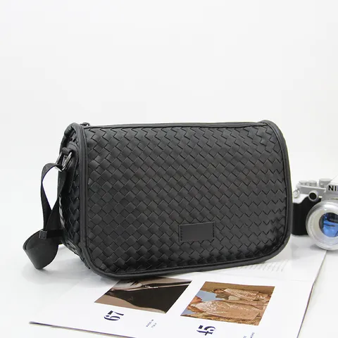 Mens PU Leather Woven Crossbody Bag Casual Daily Lightweight Small Square Shoulder Bag For Commuting Street Trend