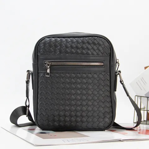 Men Woven PU Leather Crossbody Bag Vintage Business Casual Messenger Bag Solid Color Small Square Shoulder Bag