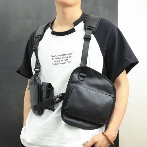 Tactical Multi-Pocket Vest Backpack PU Leather Chest Bag Street Trend Casual Wearable Crossbody Bag For Men