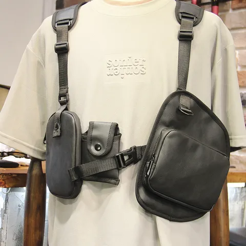 Tactical Multi-Pocket Vest Backpack PU Leather Chest Bag Street Trend Casual Wearable Crossbody Bag For Men