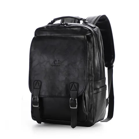 Men PU Leather Vintage Casual Backpack Large Capacity Travel Daypack With USB Charging Port and Double Buckle Flap