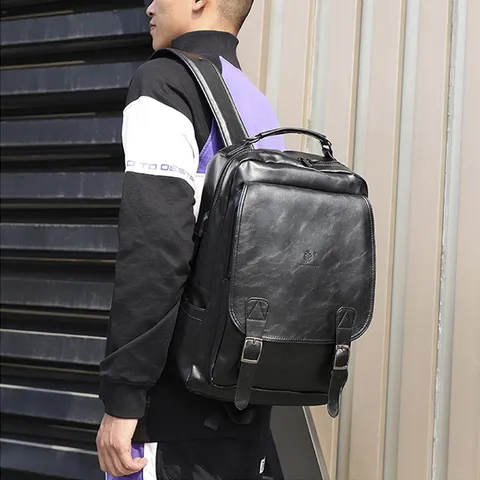 Men PU Leather Vintage Casual Backpack Large Capacity Travel Daypack With USB Charging Port and Double Buckle Flap