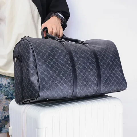 Men Large Capacity Travel Bag Fashion Plaid PU Leather Weekender Bag Casual Handbag Business Travel Luggage Bag