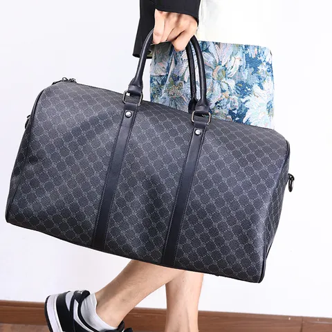 Men Large Capacity Travel Bag Fashion Plaid PU Leather Weekender Bag Casual Handbag Business Travel Luggage Bag
