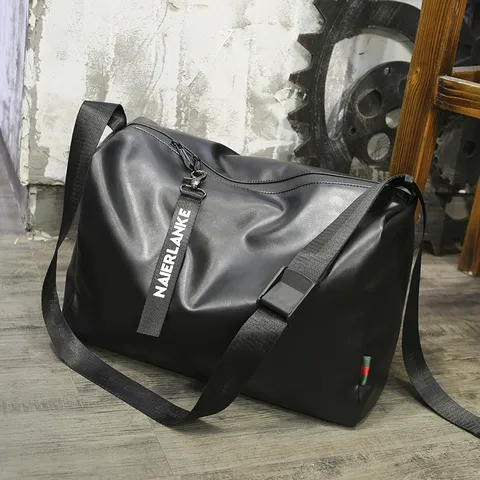 Men's Vintage Large Capacity Waterproof Shoulder Bag Casual Business Travel Messenger Gym Bag Black PU Leather