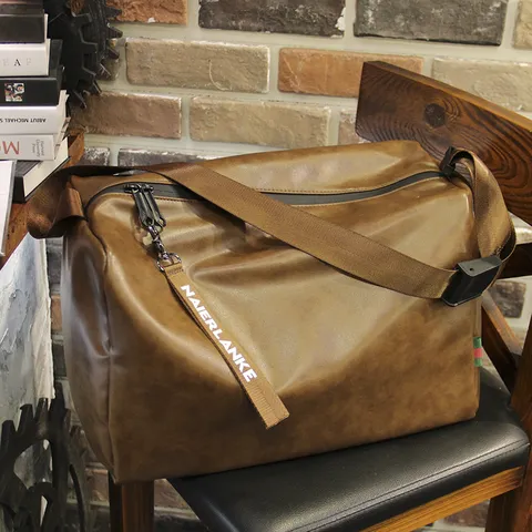 Men's Vintage Large Capacity Waterproof Shoulder Bag Casual Business Travel Messenger Gym Bag Black PU Leather