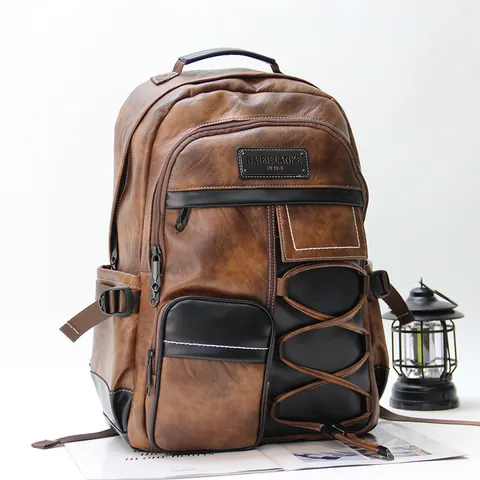 Men's Retro PU Leather Casual Backpack Waterproof Minimalist Travel School Bag With Laptop Compartment And Pockets