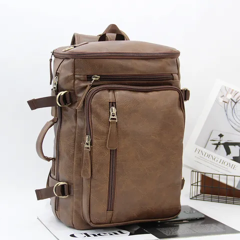 Retro Multifunctional PU Leather Backpack For Men Casual Travel Large Capacity College School Computer Book Bag