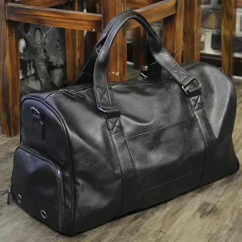 Large Capacity Business Travel Duffel Bag PU Leather Waterproof Gym Bag With Shoe Compartment For Men Short Trip Commute