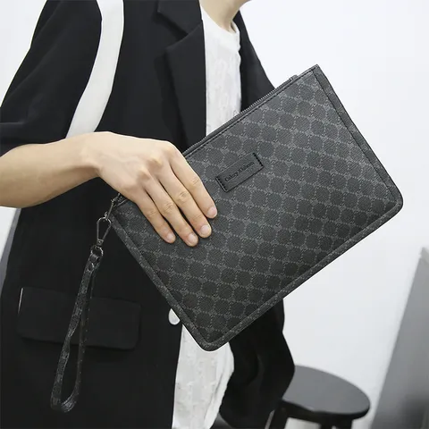 Men Business Casual Clutch Bag PU Leather Envelope Handbag Zipper Wrist Strap Plaid Design Daily Commuter Wallet Purse