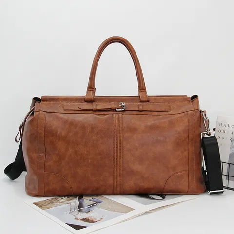 Sac de Voyage en Cuir PU Vintage pour Homme Grande Capacité Sac Duffel Sac à Main Bagage d'Affaires Sac Bandoulière