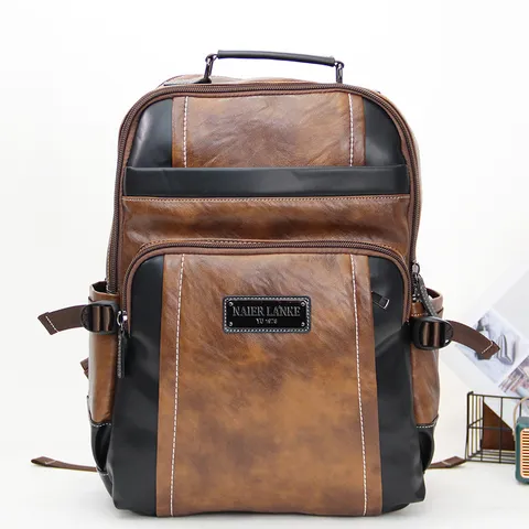 Vintage PU Leather Business Casual Backpack Large Capacity Laptop Backpack Multi Pocket School Bookbag For Men Travel Bag