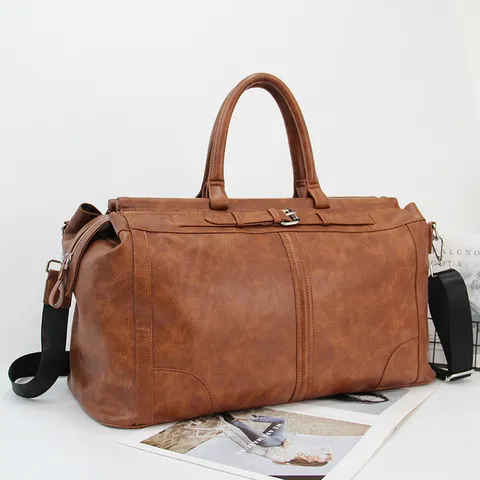 Sac de Voyage en Cuir PU Vintage pour Homme Grande Capacité Sac Duffel Sac à Main Bagage d'Affaires Sac Bandoulière
