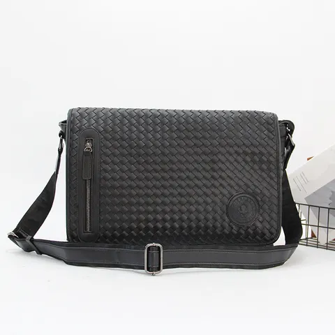 Men Woven Messenger Bag PU Leather Casual Shoulder Crossbody Bag Business Horizontal Computer Document Handbag