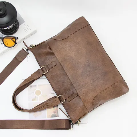 Vintage Business Casual Hombres Maletín Cuero PU Bolso Portátil Gran Capacidad Bolso Bandolera Para Oficina Viaje