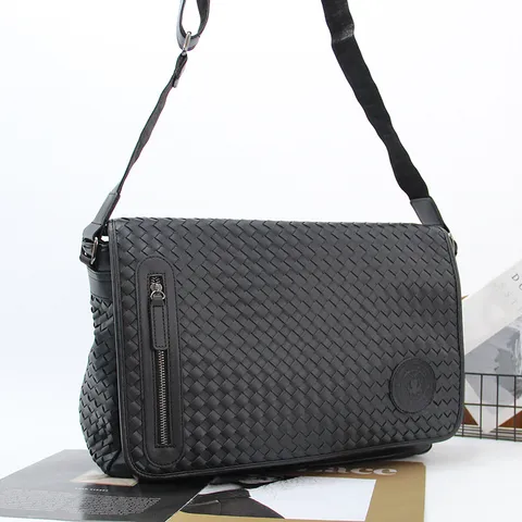 Men Woven Messenger Bag PU Leather Casual Shoulder Crossbody Bag Business Horizontal Computer Document Handbag